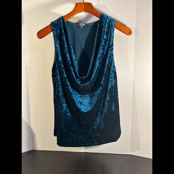 NWOT Eva Franco Blue Velvet Sleeveless Draped Neck Blouse Size 6 - Picture 2 of 13